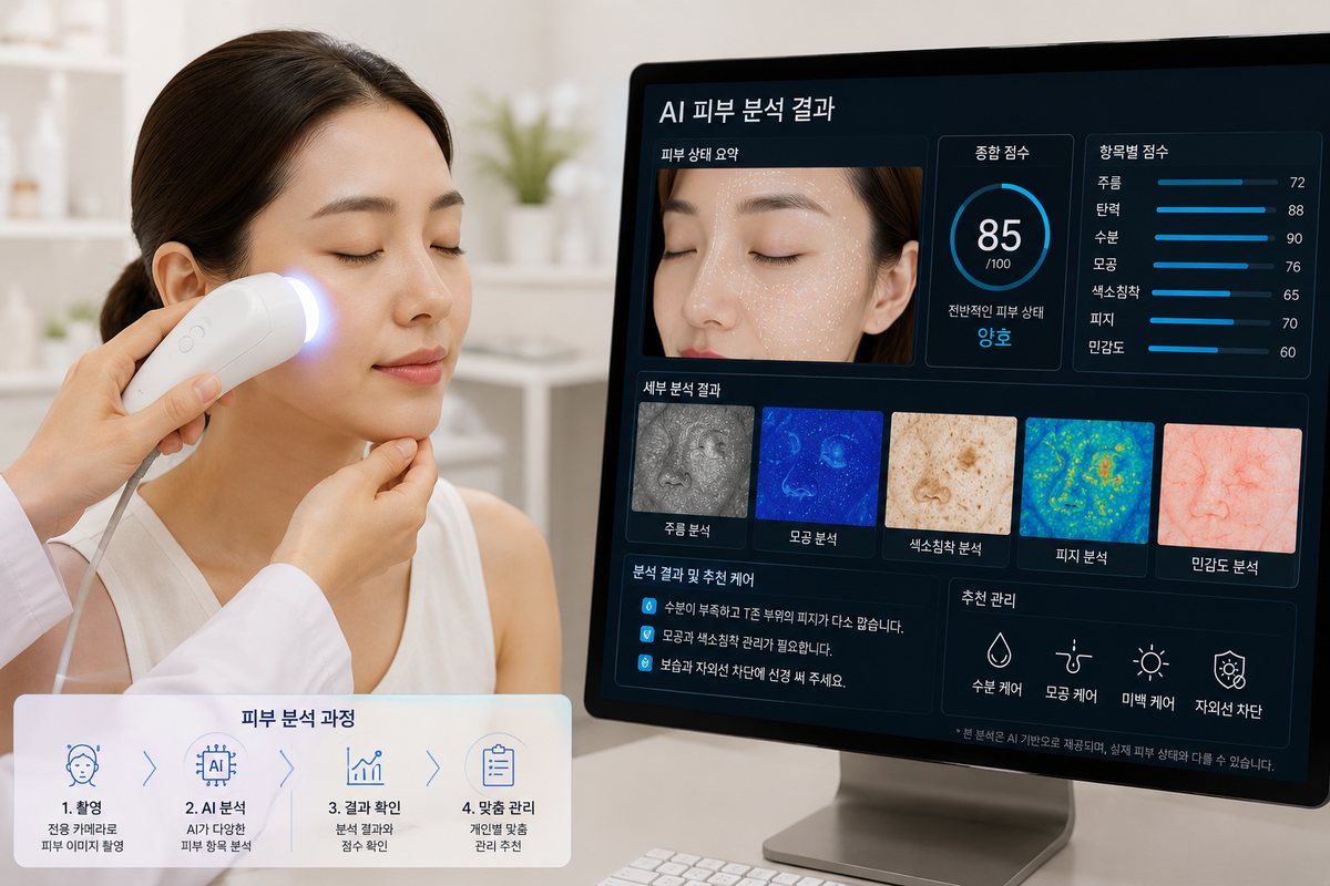 AI 피부 분석 결과 대시보드 — 주름·탄력·수분·모공·색소침착·피지·민감도 항목별 점수