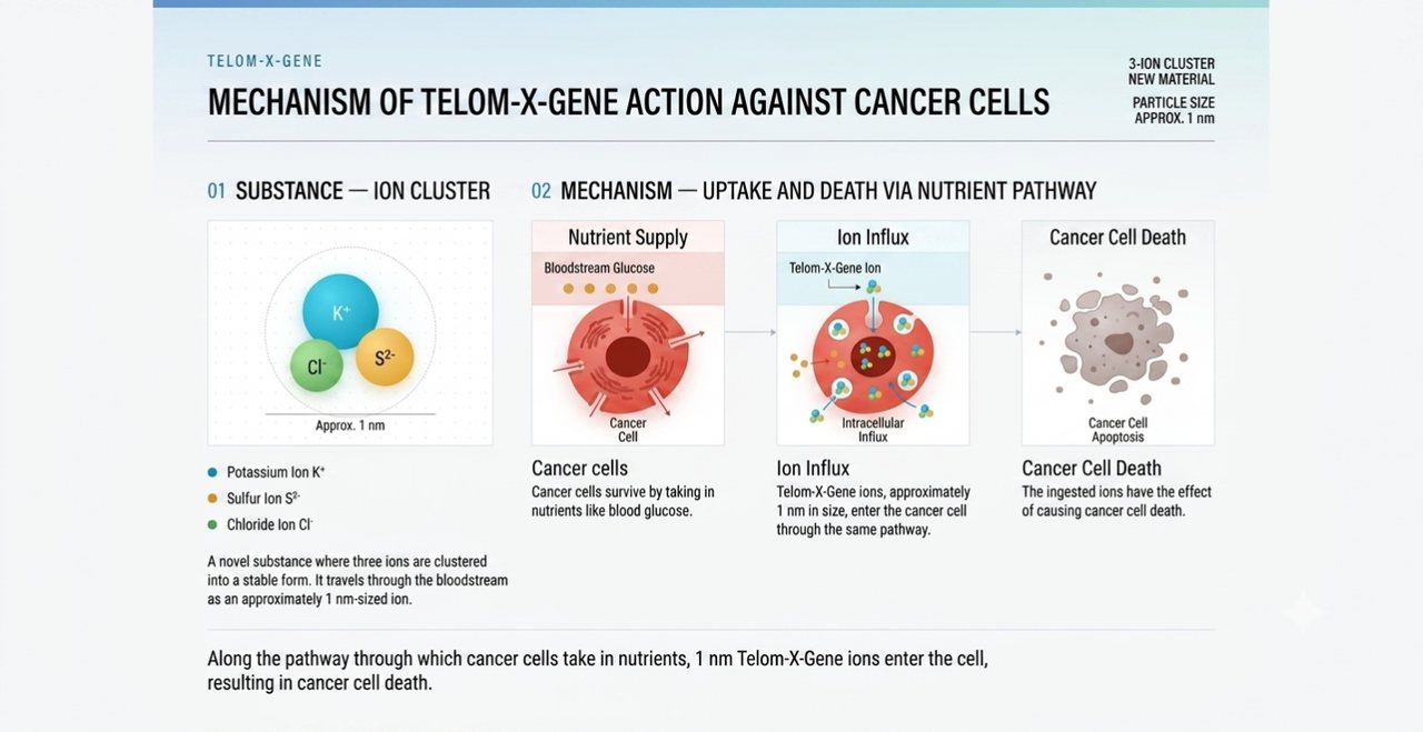 Telom-X-Gene 3-이온 클러스터의 구성과 암세포 영양 흡수 경로를 통한 유입 메커니즘 도해