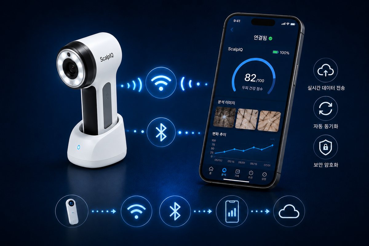 ScalpIQ 두피·피부 AI 스캐너와 모바일 앱의 두피 건강 점수 화면